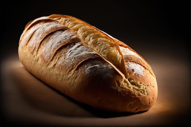 Freshly baked traditional bread on a rustic wooden table with powdery flour flying into air Ai gene