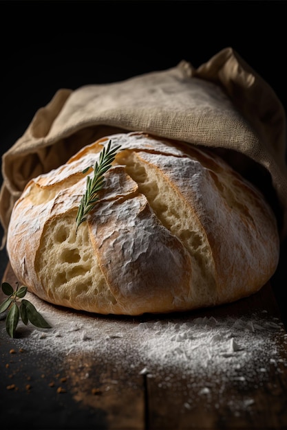 Freshly baked traditional bread on a rustic wooden table with powdery flour flying into air Ai gene