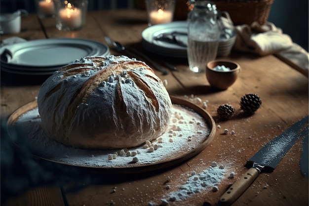 Freshly baked traditional bread on a rustic wooden table with powdery flour flying into air Ai gene