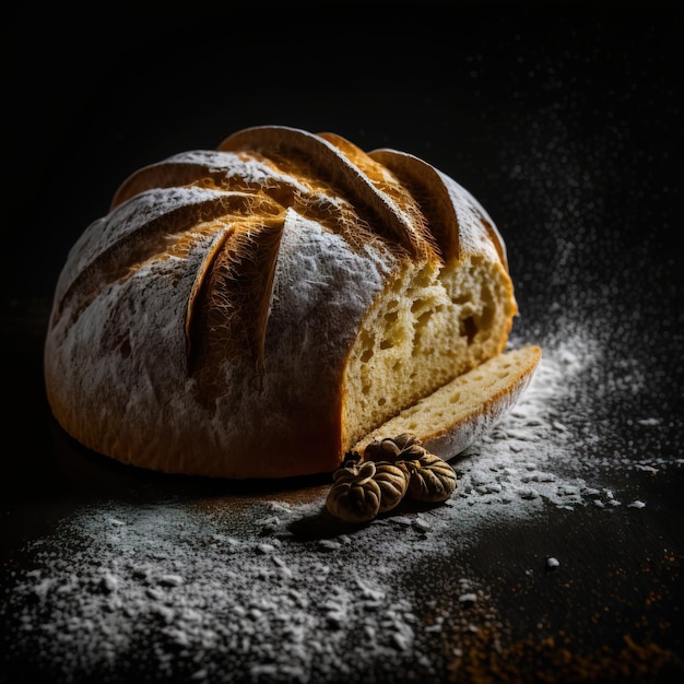 Freshly baked traditional bread on a rustic wooden table with powdery flour flying into air Ai gene