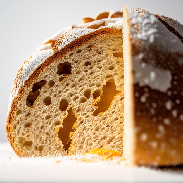 Freshly baked traditional bread on a rustic wooden table with powdery flour flying into air Ai gene