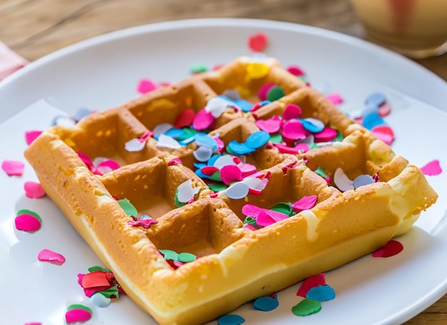 Freshly baked waffle on plate with sprinkles