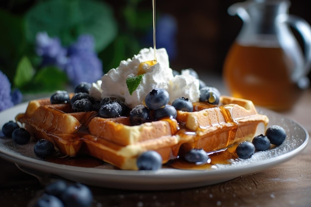 Freshly baked waffles with blueberries and whipped cream with honey morning breakfast Generative AI