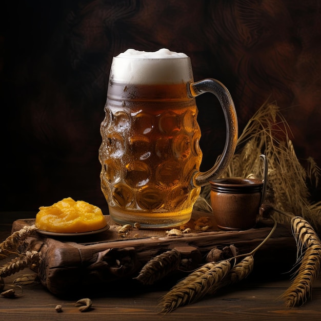 Photo freshly brewed beer in a glass mug with foam on a wooden table with wheat and barley