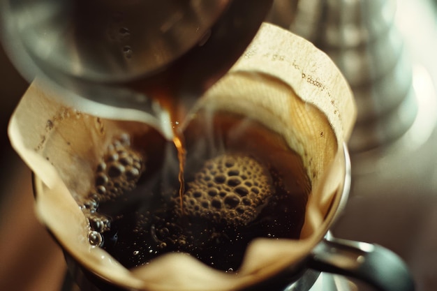 Photo freshly brewed coffee pours through a filter showcasing the rich aroma and robust flavors essential to a perfect morning start