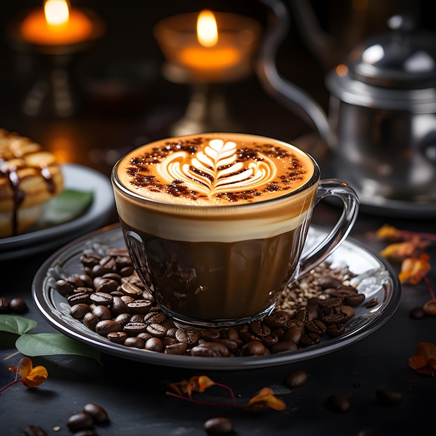 Freshly brewed coffee A wellcrafted cup of coffee with latte art coffee beans cozy and romantic