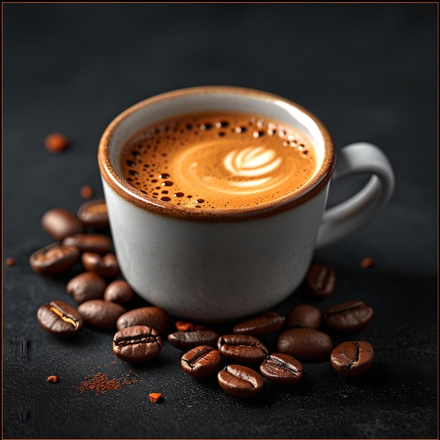 Freshly brewed coffee in white cup dark background latte art perfection stylish food photography generative AI