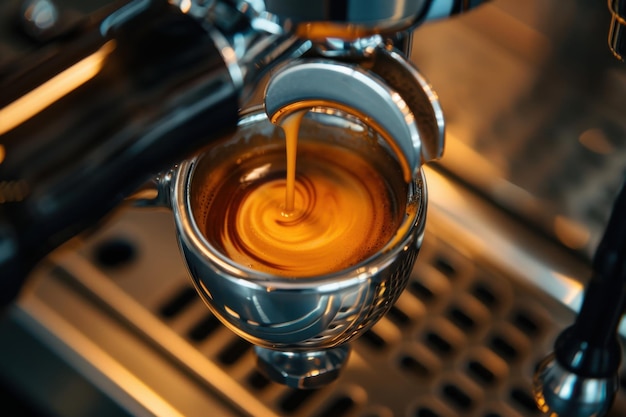 Photo freshly brewed espresso shot pouring from a coffee machine in a cafe