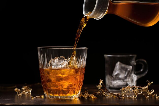 Freshly brewed tea pouring into icefilled glass