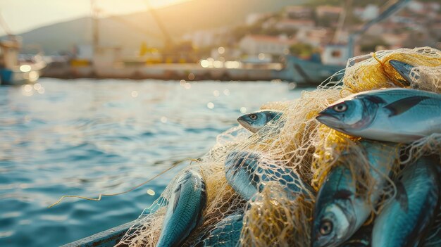 Freshly Caught Fish in Fishing Net by Harbor