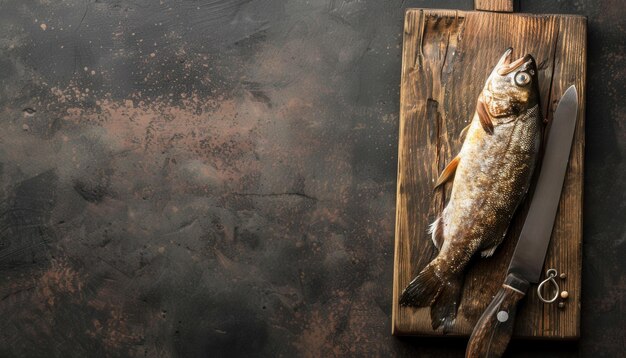 Photo freshly caught fish on a wooden cutting board with a sharp knife ready for preparation in a rustic k