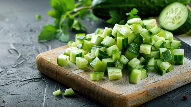 Freshly Chopped Cucumber on Wooden Cutting Board