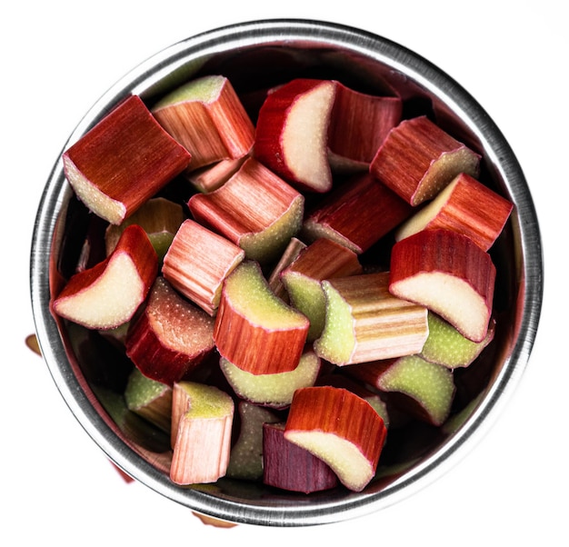 Freshly chopped Rhubarb isolated on white close up