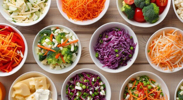 Photo freshly chopped vegetables in colorful bowls on a kitchen table