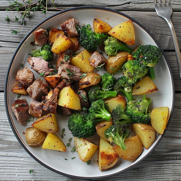 Photo freshly cooked broccoli potatoes and succulent meat dish