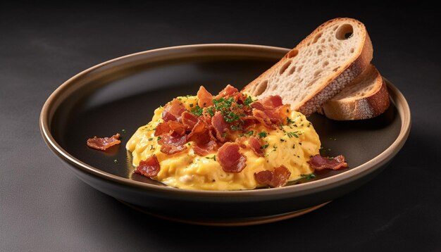 Freshly cooked gourmet meal on wooden plate generated by artificial intelligence