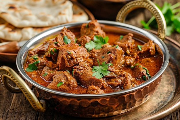 Freshly cooked mutton karahi with steam rising served with parathas