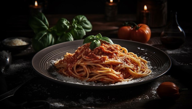 Freshly cooked pasta with bolognese sauce and parmesan generated by AI