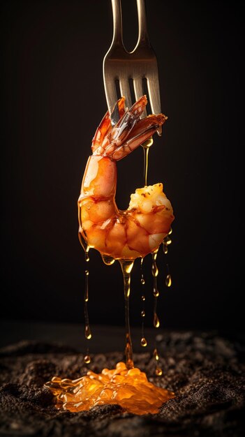 Freshly cooked shrimp on a fork Black background