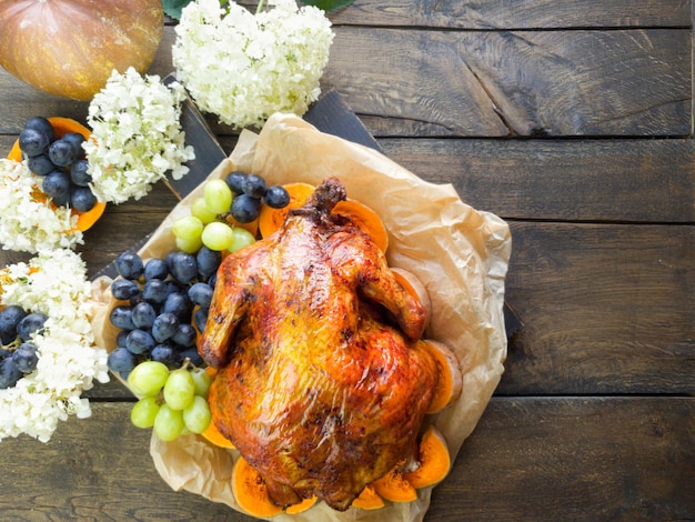 Freshly cooked turkey for Thanksgiving is served on the festive table