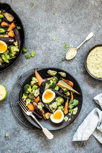 Photo freshly cooked veggies with boiled eggs