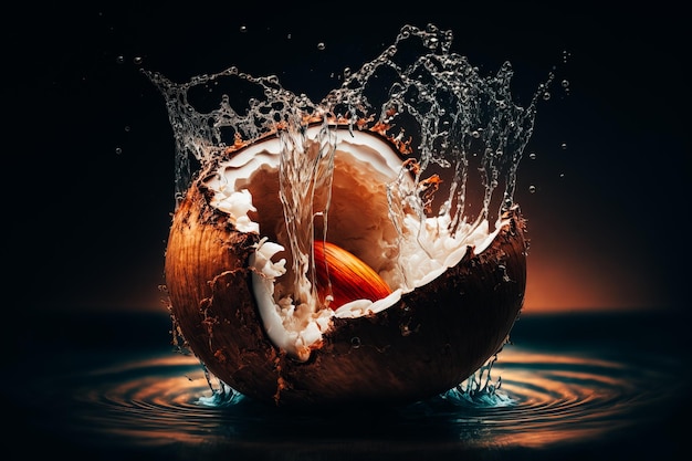 A freshly cracked open coconut with clear water inside