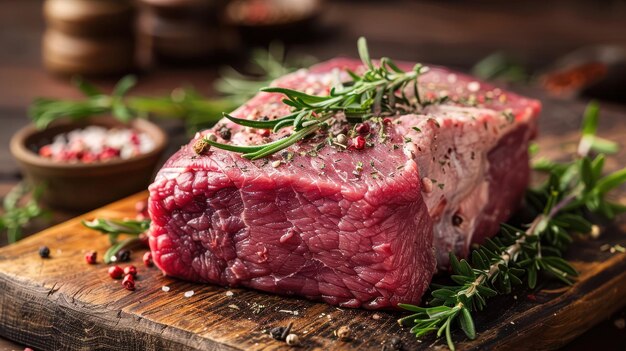 Photo freshly cut beef resting on a wooden board garnished with herbs and spices in a rustic kitchen setting