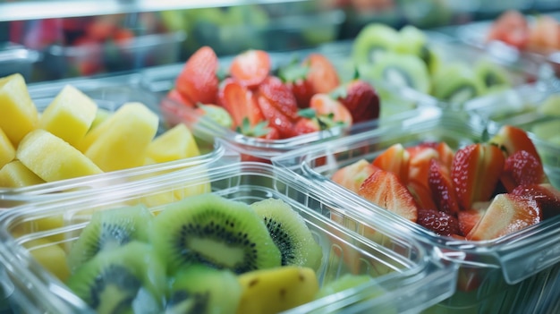 Freshly cut fruits including kiwis strawberries and pineapples neatly packed in transparent plastic containers lined up in a fridge