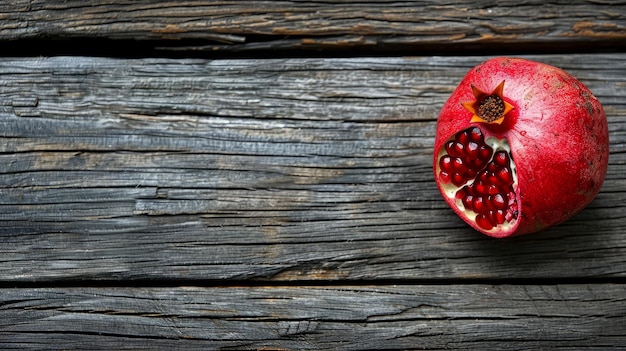 Photo freshly cut pomegranate on rustic wooden table with rich red seeds