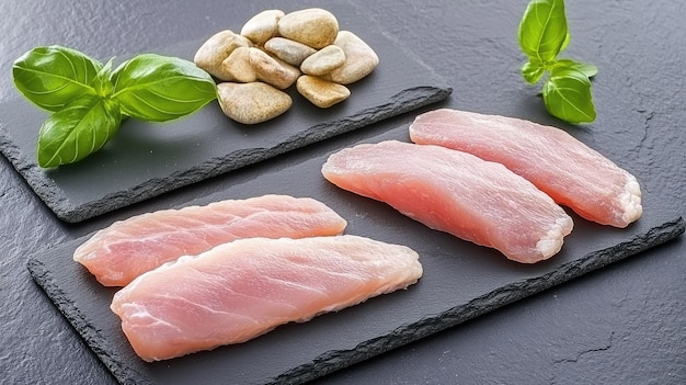 Photo freshly cut raw chicken fillets on slate serving platters with herbs