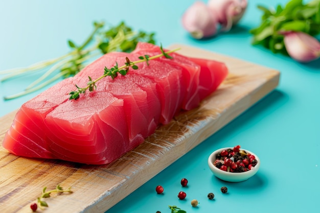 Freshly Cut Tuna Steak With Herbs and Spices on a Chopping Board