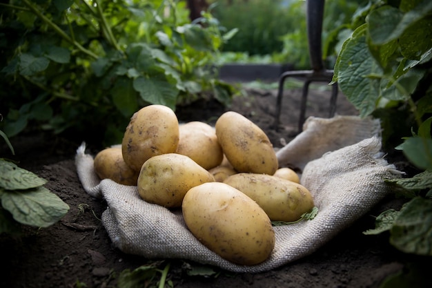 Freshly dug potatoes of a new crop lie on the ground in the sunlight