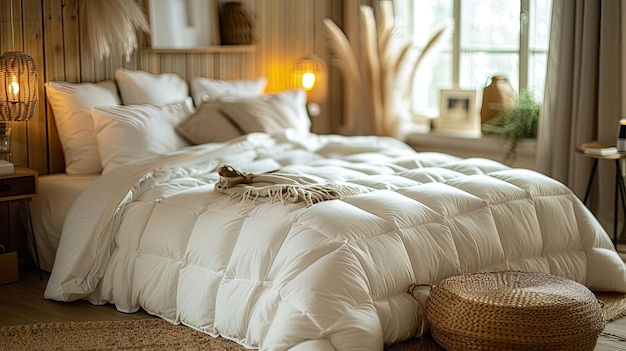 a freshly folded duvet placed on a bed in a sunlit room evoking a sense of comfort and tranquility