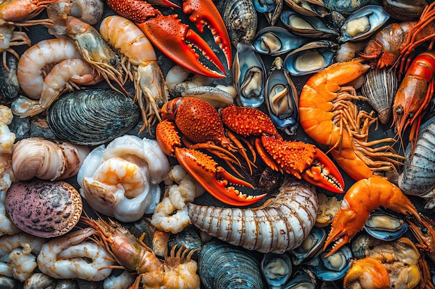 Photo freshly gathered seafood displayed on a vibrant natural background for culinary inspiration