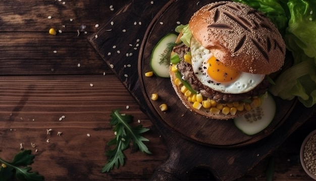 Freshly grilled beef burger on rustic wood table generated by AI