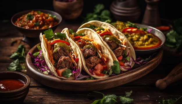 Freshly grilled beef taco with guacamole and cilantro generated by AI