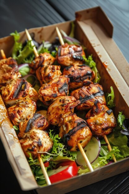 Freshly grilled chicken skewers with lettuce and tomatoes Ideal for food and cooking concepts