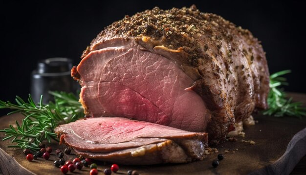 Freshly grilled pork steak seasoned with herbs ready to eat on wooden plate generated by AI