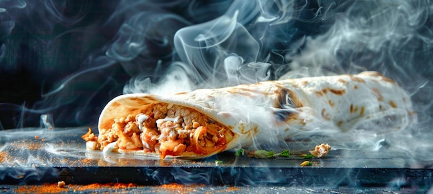 A freshly grilled shawarma steaming with deliciousness sits on a dark background