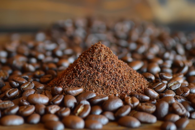 Photo freshly ground coffee surrounded by whole beans perfect for brewing and aroma release