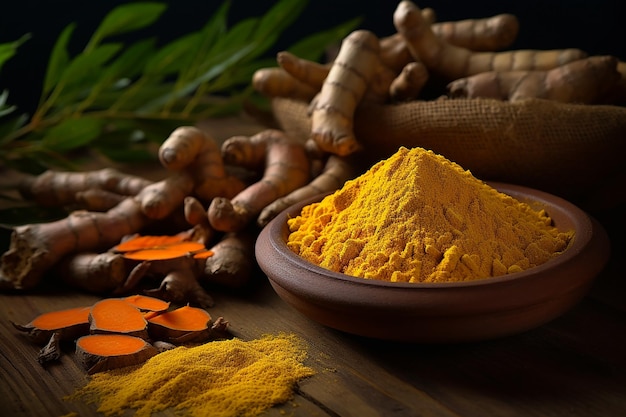 Freshly Ground Turmeric Powder and Dry Turmeric