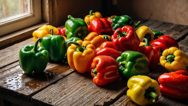 Freshly Harvested Bell Peppers with Water Drops