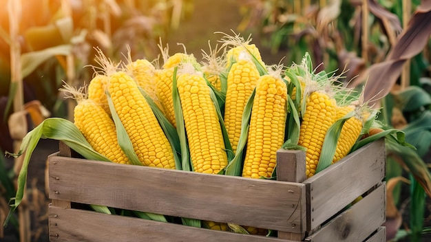 Freshly harvested corn cobs in a wooden crate farm field background soft light