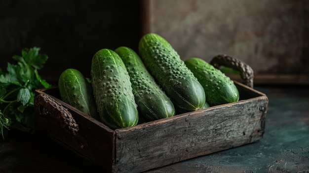 Photo freshly harvested cucumbers displayed in a rustic wooden basket on a dark kitchen countertop