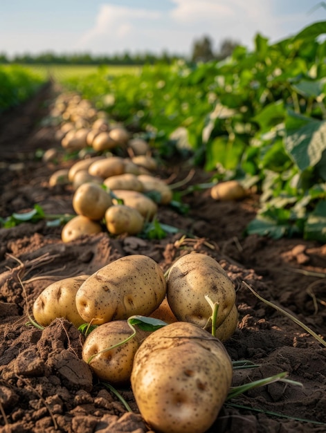 Freshly harvested potatoes in a rural farm field with lush vegetation and rich soil