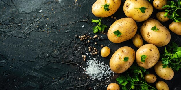 Photo freshly harvested potatoes with salt peppercorns and parsley ai generated illustration