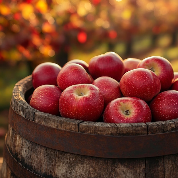 Freshly Harvested Red Apples in a Rustic Wooden Barrel under the Sunlit Orchard Sky