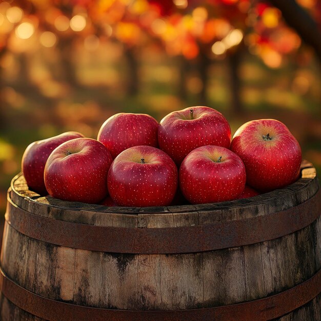 Photo freshly harvested red apples in a rustic wooden barrel under the sunlit orchard sky