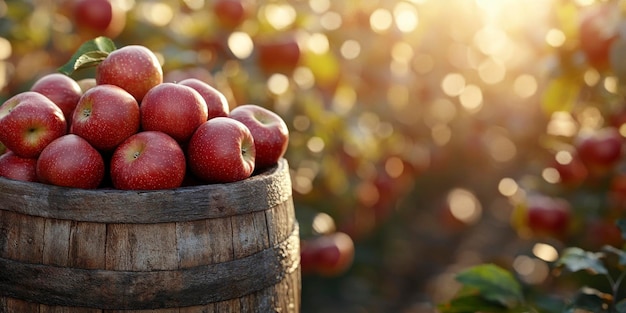 Photo freshly harvested red apples in a rustic wooden barrel under the sunlit orchard sky