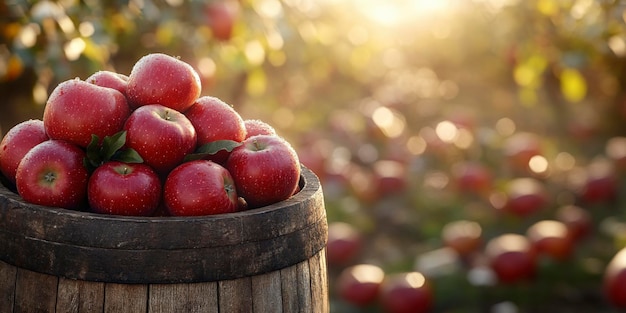 Freshly Harvested Red Apples in a Rustic Wooden Barrel under the Sunlit Orchard Sky